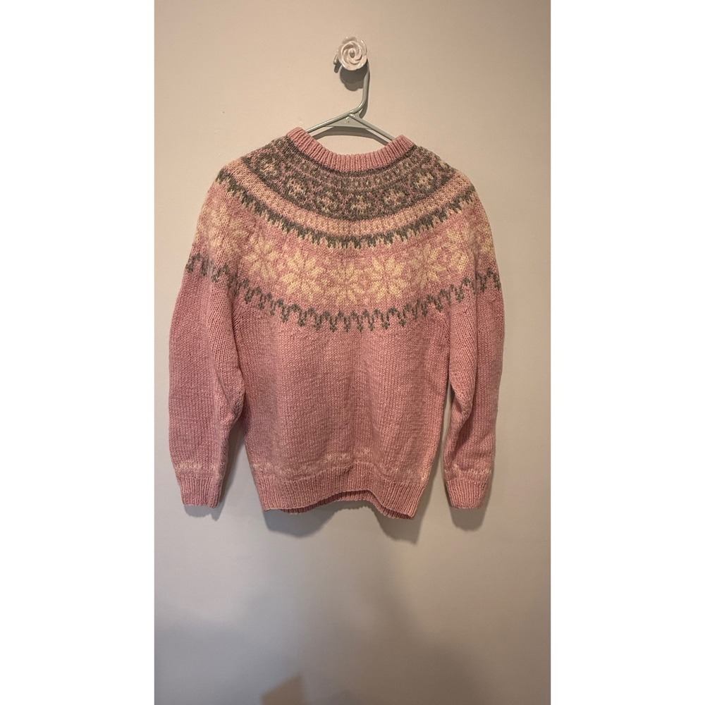 Vintage 1990 Eddie Bauer Pink Fair Isle Wool Sweater Cottagecore Nordic Medium